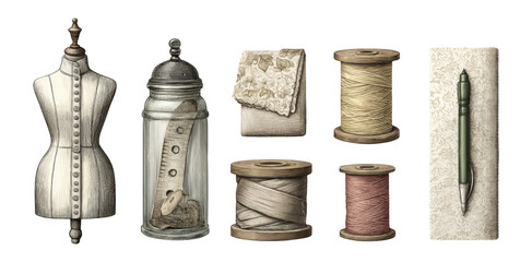 Vintage Tailoring Tools and Accessories in Soft Colors and Detailed Design