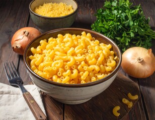 A large bowl of uncooked elbow macaroni rests on a rustic wooden surface, next to fresh parsley, onions, and shredded cheese.