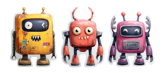 Colorful and Fun Cartoon Robots with Unique Shapes and Expressions on Isolated Background