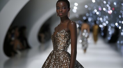 A fashionable black model walks a runway in a sparkling sequined strapless gown during a glamorous high fashion event showcasing luxury designer haute couture