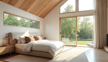Bright, modern bedroom interior overlooking garden through large windows. Comfortable bed, natural light, minimalist design. Wooden ceiling, beige walls create serene, cosy living space. Open view to