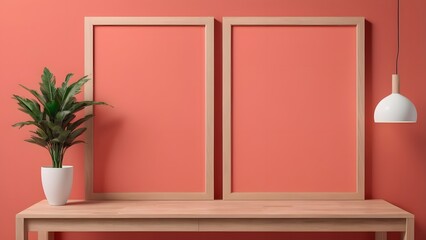 Fototapeta premium Two Blank Wooden Picture Frames Mockup on a Light Wood Table Against a Vibrant Coral Wall with a Potted Green Plant and Modern Pendant Lamp, Ideal for Interior Design and Copy Space
