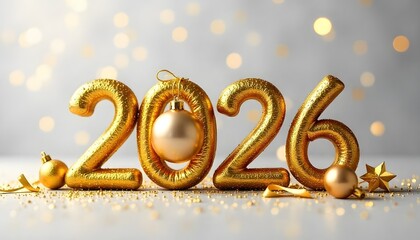 Happy New Year 2026 Greeting Card with 3D Gold Numbers, Golden Christmas Decorations, Confetti on Midnight Blue, black, green Background Elegant Festive Holiday Design.