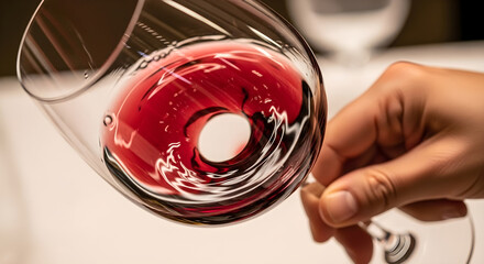 Hand holding wine glass swirling red wine in elegant setting with copy space