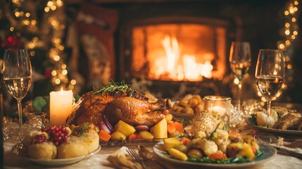 A festive holiday dinner table with a roasted turkey, various side dishes, candles, and wine glasses, set against a cozy fireplace with Christmas decorations