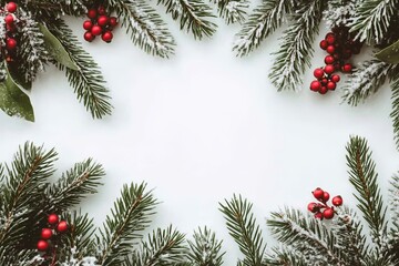 Festive Christmas frame with snow-dusted pine branches and red berries on a white background