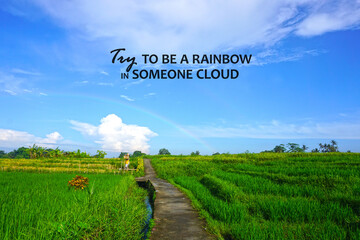 Kindness text on a background of blue sky with rainbows line over green paddy field in the morning. Inspirational motivational quote - Try to be a rainbow in someone cloud. Be kind concept.