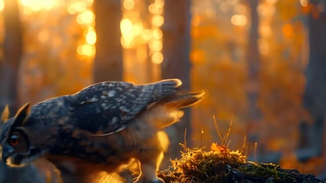 Majestic Owl Perched in Golden Autumn Forest, Wildlife Scene