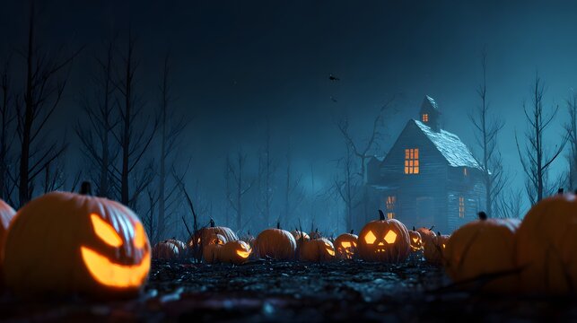 A spooky Halloween scene featuring glowing jack-o'-lanterns in the foreground, a haunted house in the background, and a misty forest atmosphere