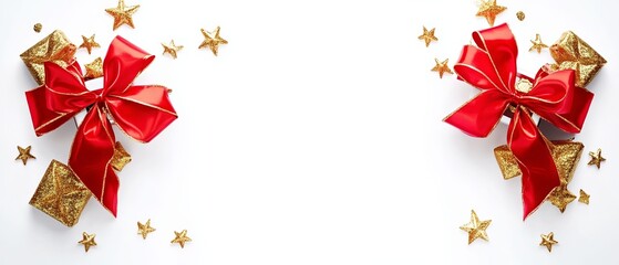 Red bows and gold gift boxes with stars on white background
