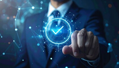 Businessman touching futuristic 3D hologram checkmark