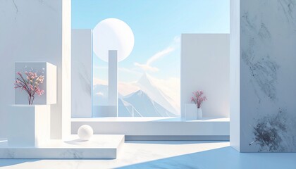 Minimalist architectural design featuring a mountainscape, with flowers and geometric elements