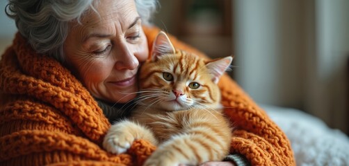 Elderly woman embraces orange cat wrapped in cozy blanket. Senior woman enjoys quiet moment with pet. Companionship, affection, warmth, and happiness shown. Domestic scene, home comfort, relaxation.