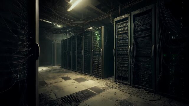 Old abandoned server corridor with tangled wires and dusty floors illuminated by dim fluorescent light