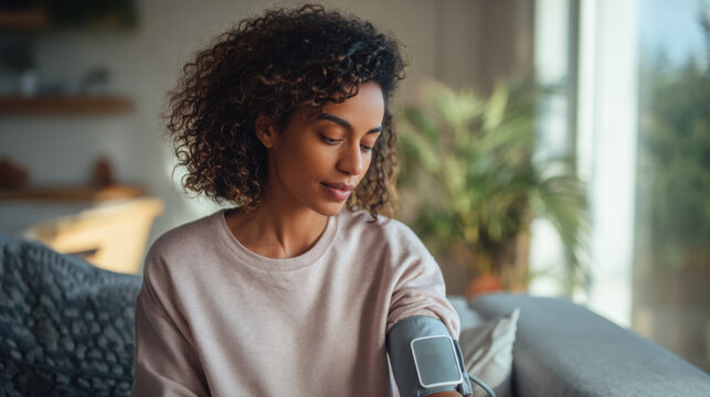 Woman measuring her blood pressure with an electronic monitor at home in natural light