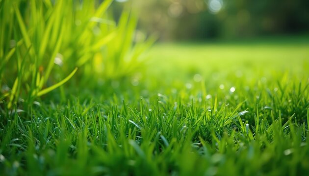 Close-up of bumpy green Zoysia grass with creeping leaves. Rich green vegetation, healthy flora in soft focus background. Natural botanic texture fills frame, suggesting garden care, outdoor spaces.