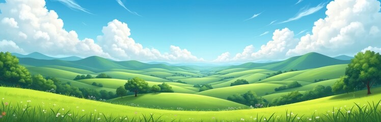 Rolling green hills under a blue sky with fluffy white clouds. Meadow with wildflowers in foreground. Peaceful countryside landscape with trees and distant mountains. Rural, tranquil nature scene.