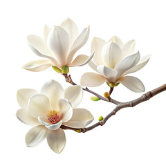 Naklejka premium Three White Magnolia Flowers Blossoming on a Branch on Transparent Background Floral Art