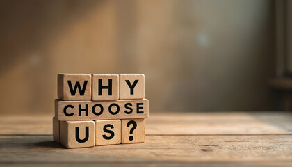Wooden blocks spell out WHY CHOOSE US on rustic tabletop. Soft, warm, earthy lighting creates thoughtful, introspective mood. Motivational concept ideal for business, inspiration, home decor themes.