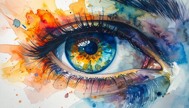 A vibrant, expressive eye, painted with bold watercolor strokes, showcases a kaleidoscope of colors. - Powered by Adobe