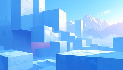 Abstract Geometric Cityscape with Mountains in Cool Blue and White Tones