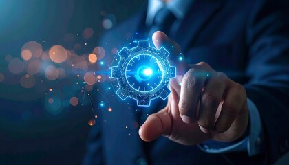Businessman hand touching luminous 3D hologram gear icon for innovation and technology