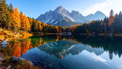 A serene mountain lake reflects the vibrant autumn foliage and snow-capped peaks, creating a picturesque autumnal landscape.