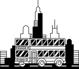 black and white illustration of a double decker bus in the city