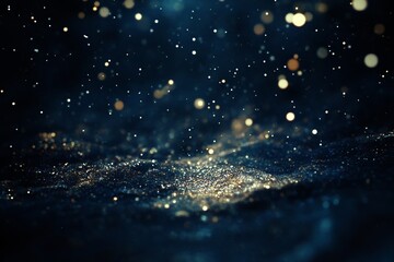 Close-up of sparkling particles on a dark surface with bokeh light effects