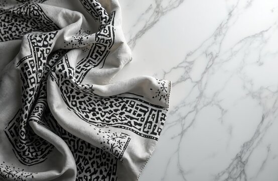 Close-up of black, white patterned Keffiyeh fabric with classic fishing net design. Traditional Arab accessory, possibly Kuffiyeh Shemagh scarf, features detailed texture on woven material.