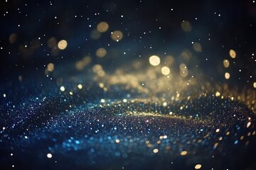 Obraz premium Abstract cosmic scene with glowing particles and bokeh lights in deep blue and gold hues