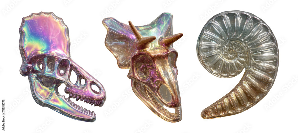 Wall mural Iridescent Fossil Skull and Shell Sculptures on Transparent Background