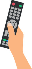 vector hand holding a remote control isolated on white background. human hand with tv remote control switching tv, flat design