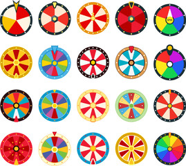 vector fortune wheel illustrations with no numbers. casino game fortune roulette icon collection isolated on white background. flat graphic of colorful spinning lottery wheel