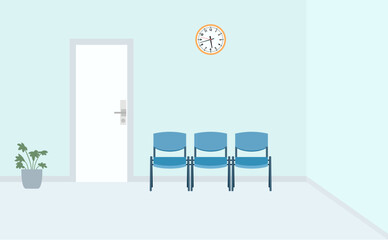 vector waiting room illustration. waiting hall with blue walls, chairs and a pot plant near the door. waiting for appointment in office or clinic