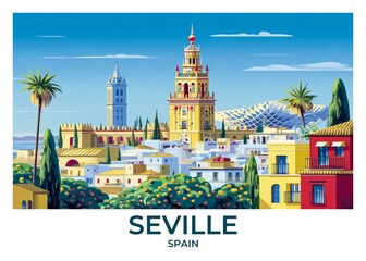 Seville, Spain Flat Retro Poster illustration, Landscape Travel Wall Art, Vintage High quality prints