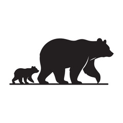 Bear walking with cub trailing behind vector silhouette outline logo design illustration