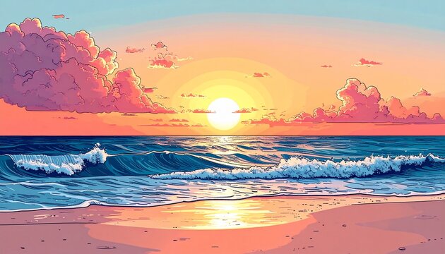 A vibrant sunset scene portrays a beautiful beach with crashing waves, soft pink clouds, and a warm golden sun.