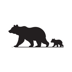 Bear walking with cub trailing behind vector silhouette outline logo design illustration
