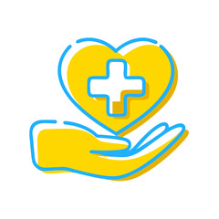 Obraz premium Hand holding heart with medical cross symbol in yellow design 