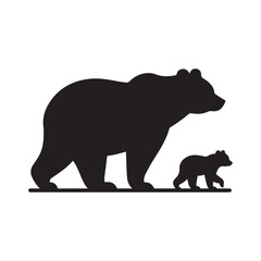 Bear walking with cub trailing behind vector silhouette outline logo design illustration