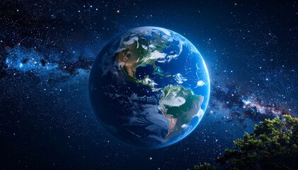 Fototapeta premium A detailed view of Earth, showcasing its vibrant blue surface against the backdrop of a starry night sky and the majestic Milky Way.