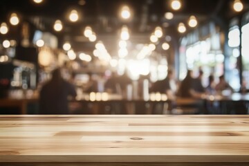 Wooden table surface in a warmly lit caf�� with blurred background of patrons and hanging lights
