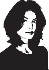A bold black and white stencil of a woman with short, dark hair and defined lips