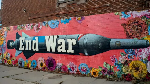 Poster showing missile fading into flowers, strong bold words "End War"