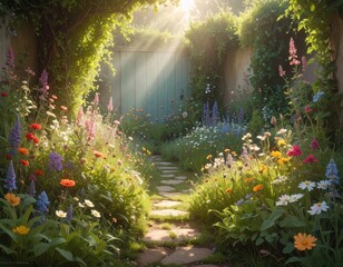 Obraz premium A sun-drenched garden path winds through a vibrant display of colorful flowers, bathed in soft morning light, creating a serene and enchanting atmosphere.