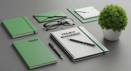 Organized project management desk setup with notebooks, pens, glasses, and plant