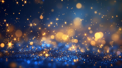 Obraz premium A mesmerizing display of golden bokeh lights against a deep blue backdrop, creating a magical and enchanting atmosphere with sparkling stars and glitter