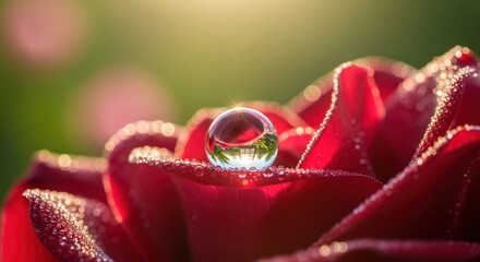 A dew-kissed rose petal, reflecting a miniature world