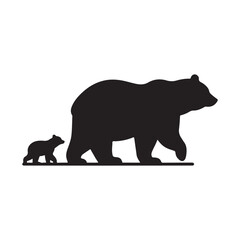 Bear walking with cub trailing behind vector silhouette outline logo design illustration